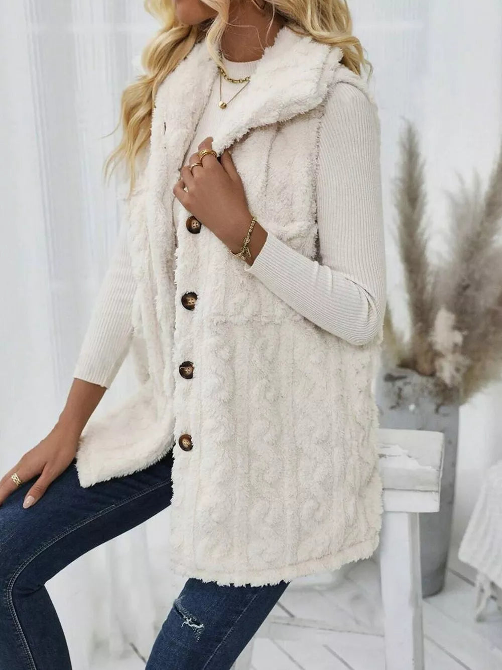Fuzzy Button Up Vest Coat cozy style