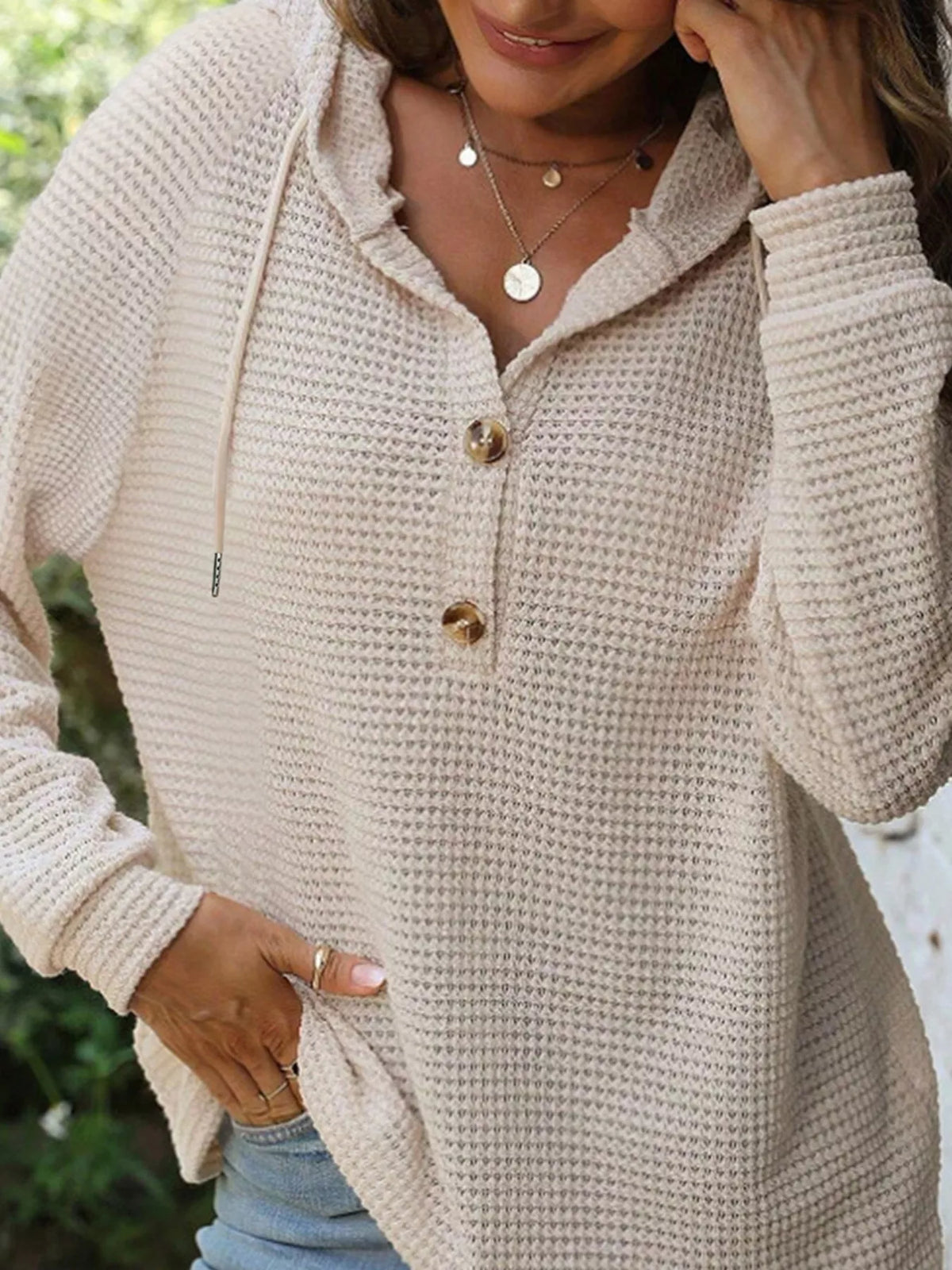 Casual Waffle Knit Hoodie waffle knit texture