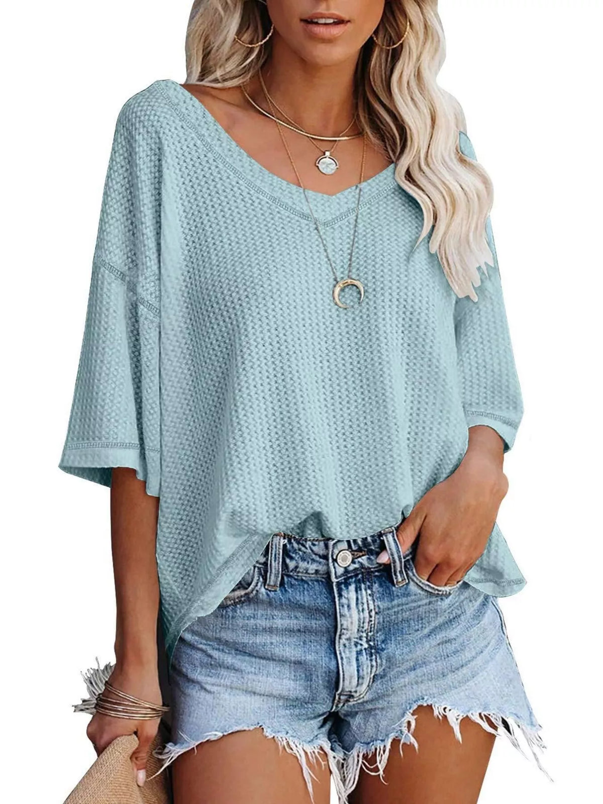 Waffle knit v-neck t-shirt casual outfit