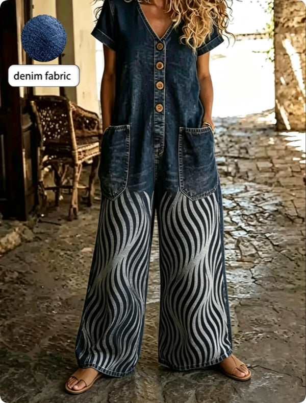 Casual Buttoned Jumpsuit featuring a wide-leg style, denim fabric, and colorful floral embroidery.
