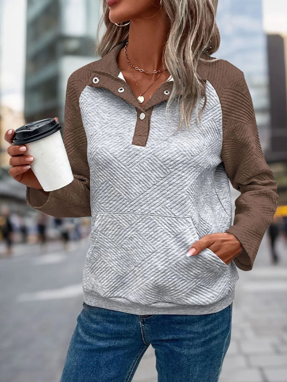 Perfee Contrast Textured Long Sleeve Sweatshirt textured design