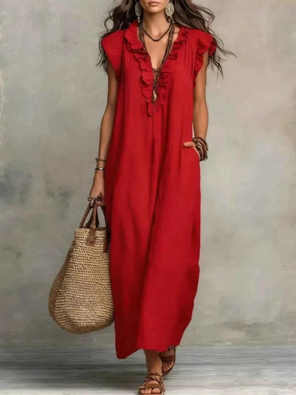 Plus size ruffled maxi dress with V-neck