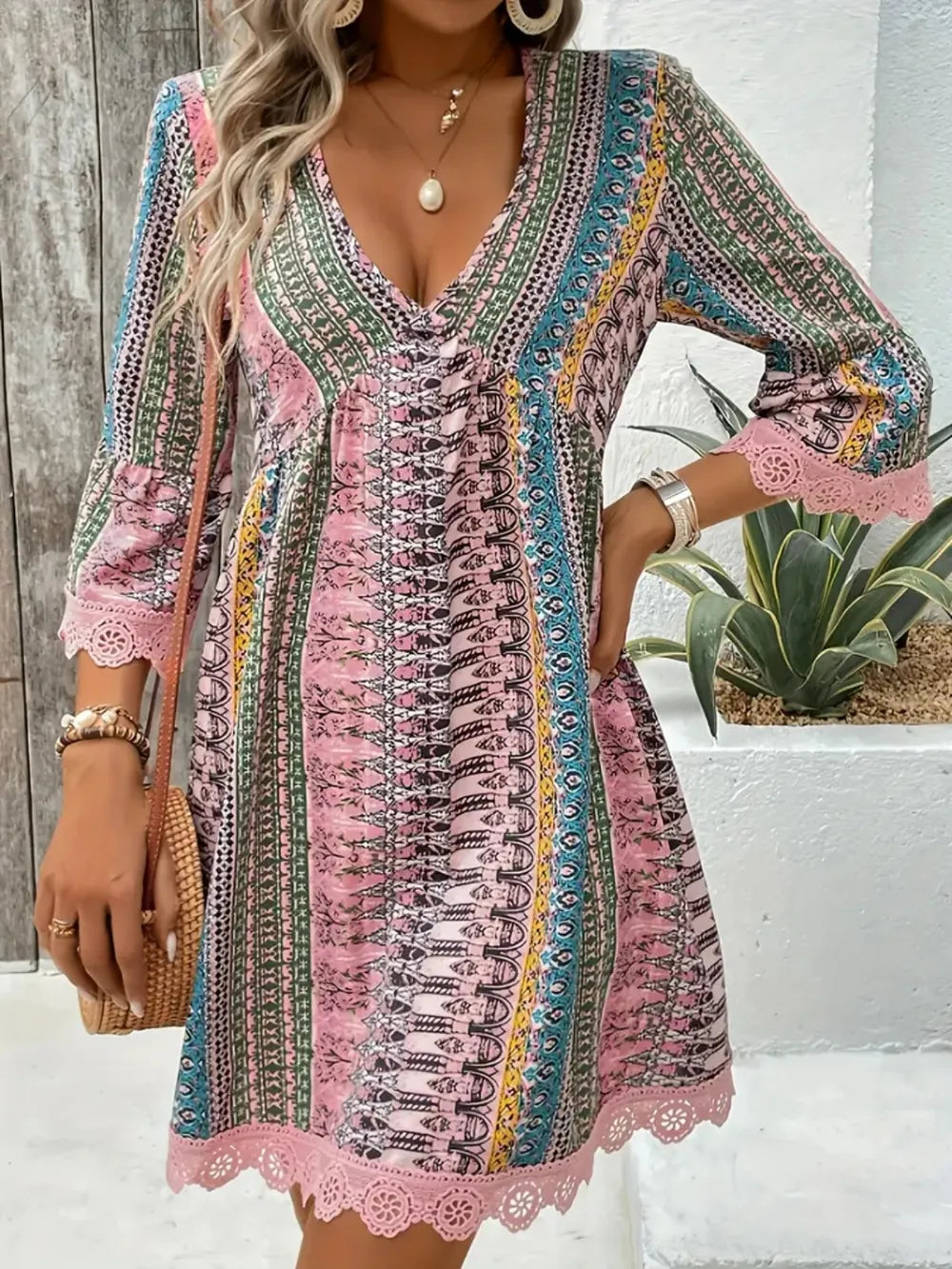 Lace trim v-neck dress full length view