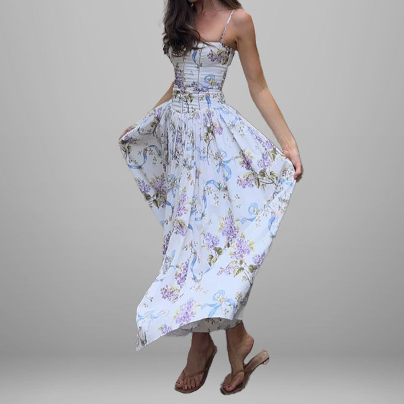 Elegant Summer Flared Strap Dress – Floral Style showcasing flared design and stunning floral patterns for summer elegance.