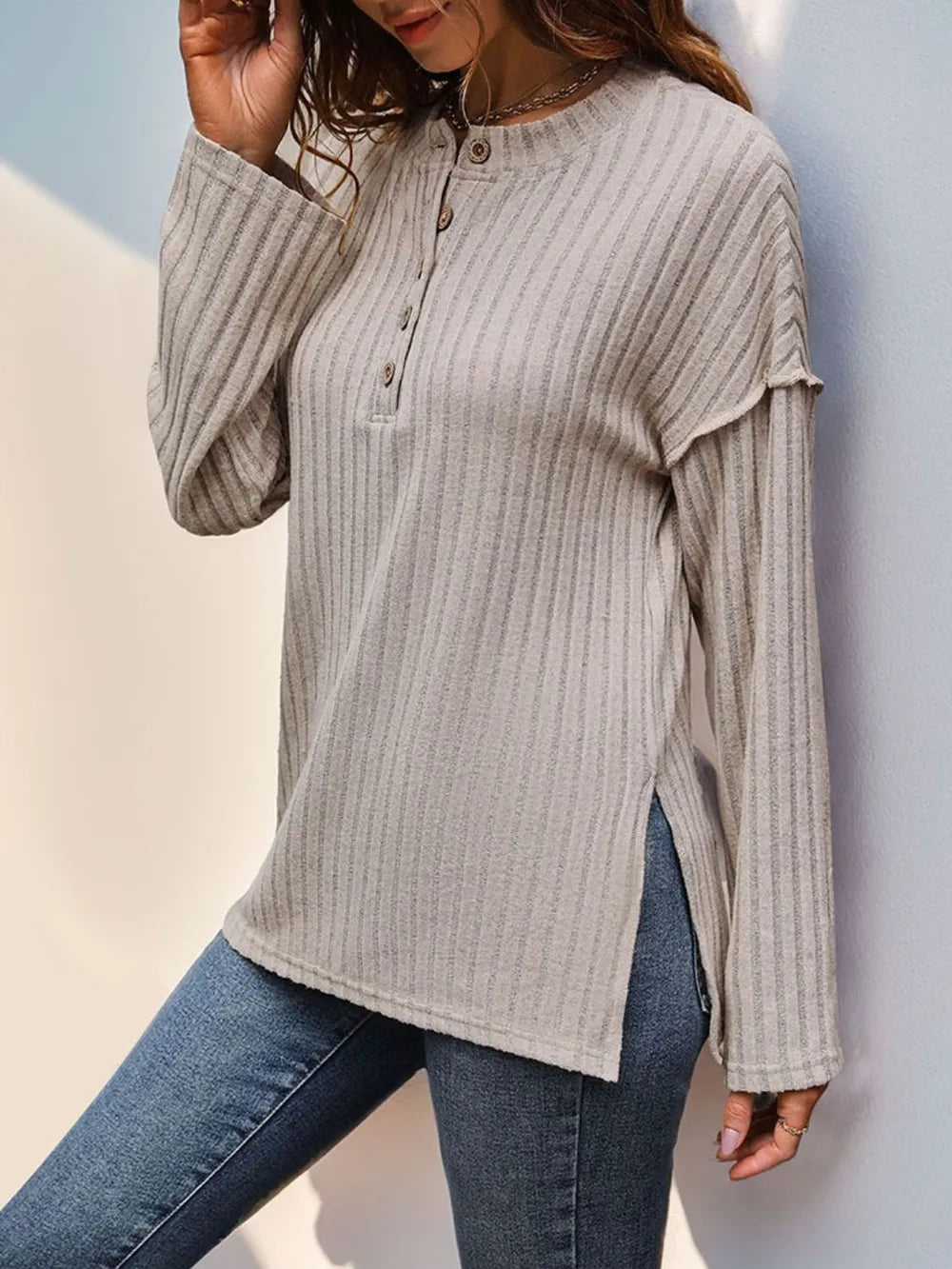 Perfee Long Sleeve T-Shirt with Slit Design casual outfit