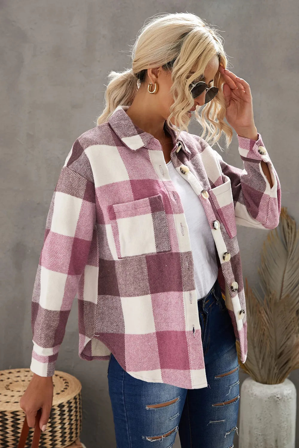 Stylish Plaid Button Up Jacket casual style