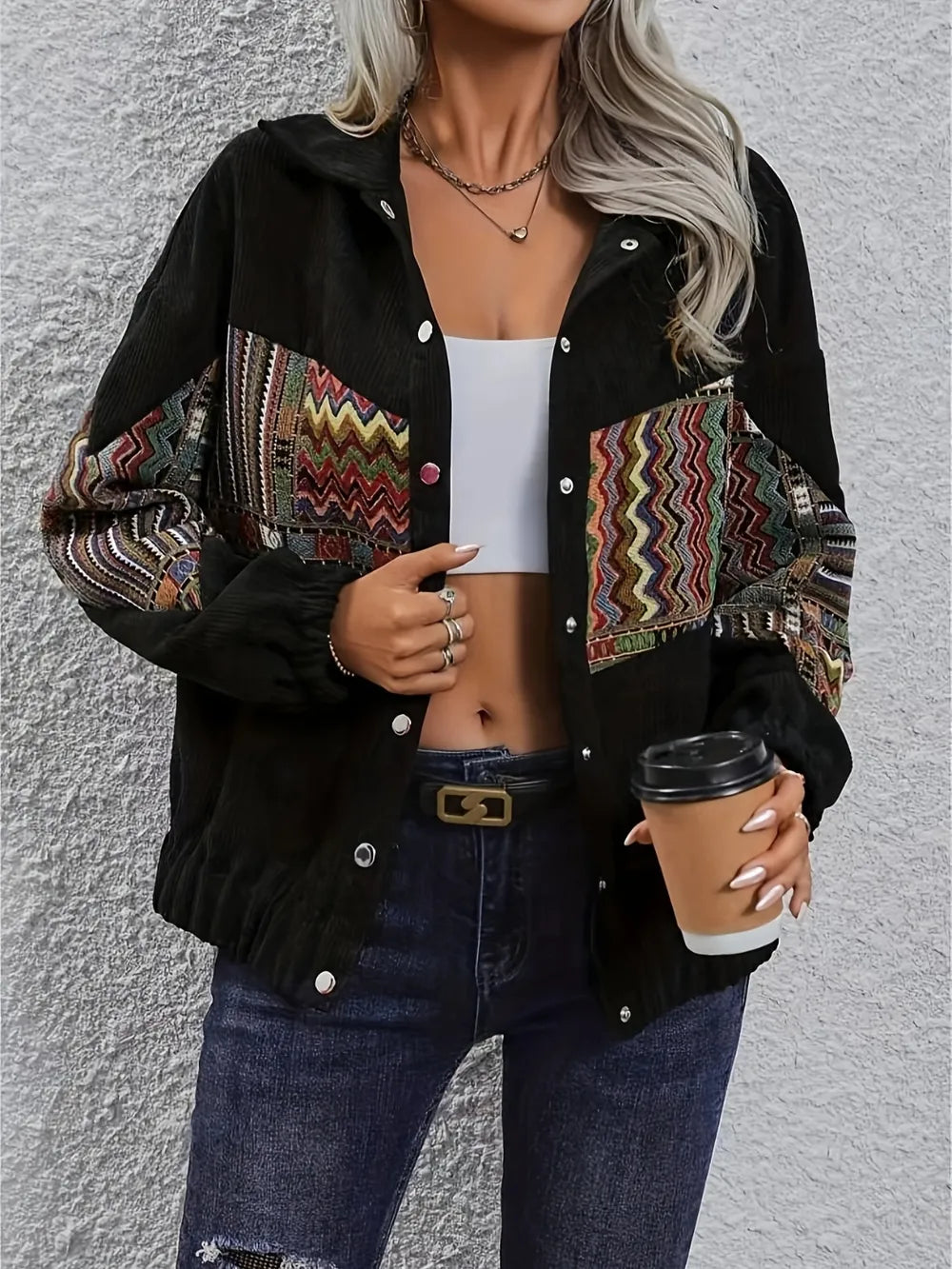Embroidered Collared Snap Down Jacket women&
