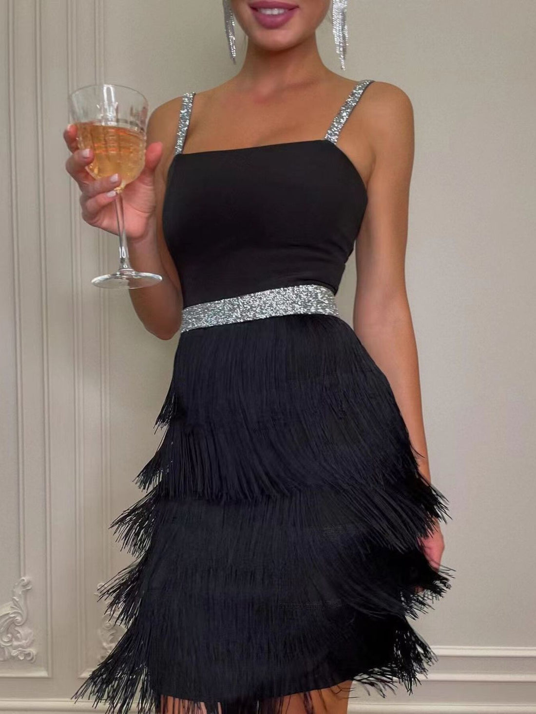 Fringe trim cami mini dress with fringe detail
