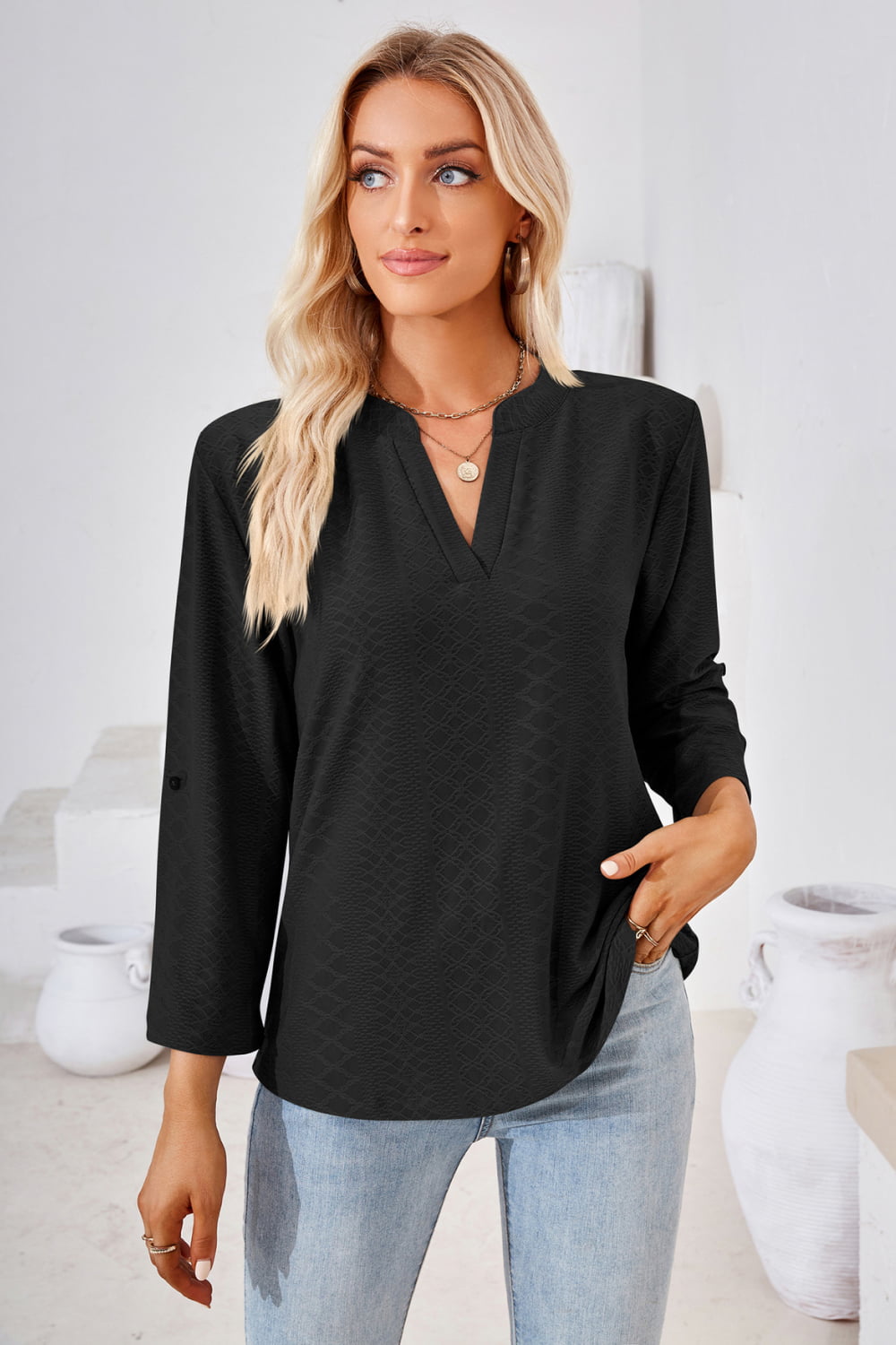 V-Neck Roll-Tap Sleeve Blouse casual outfit