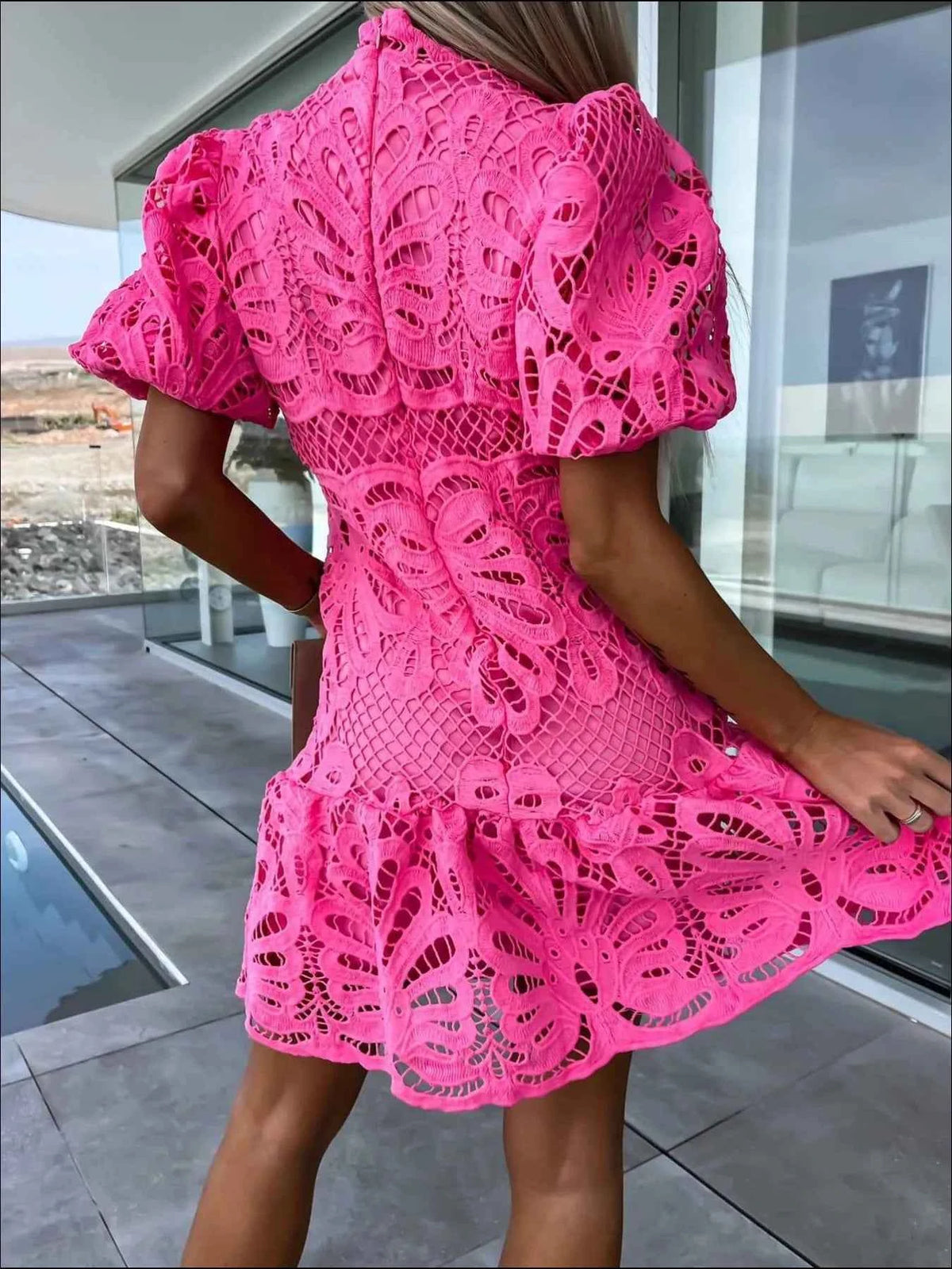 Elevate Your Style with Our Lace Mock Neck Puff Sleeve Dress