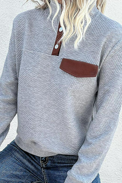 Perfee Contrast Ribbed Quarter-Snap Sweatshirt styled outfit