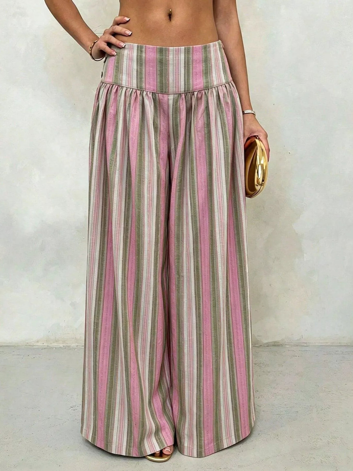 High-Waisted Striped Wide-Leg Pants in pink and green stripes, featuring a wide-leg design and flattering high waist.