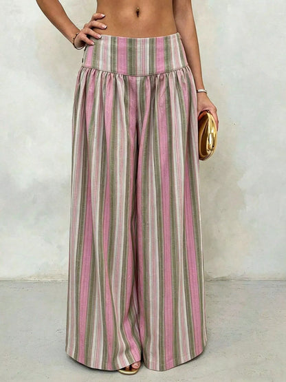 High-Waisted Striped Wide-Leg Pants in pink and green stripes, featuring a wide-leg design and flattering high waist.
