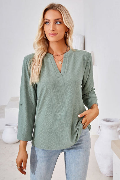 V-Neck Roll-Tap Sleeve Blouse casual outfit