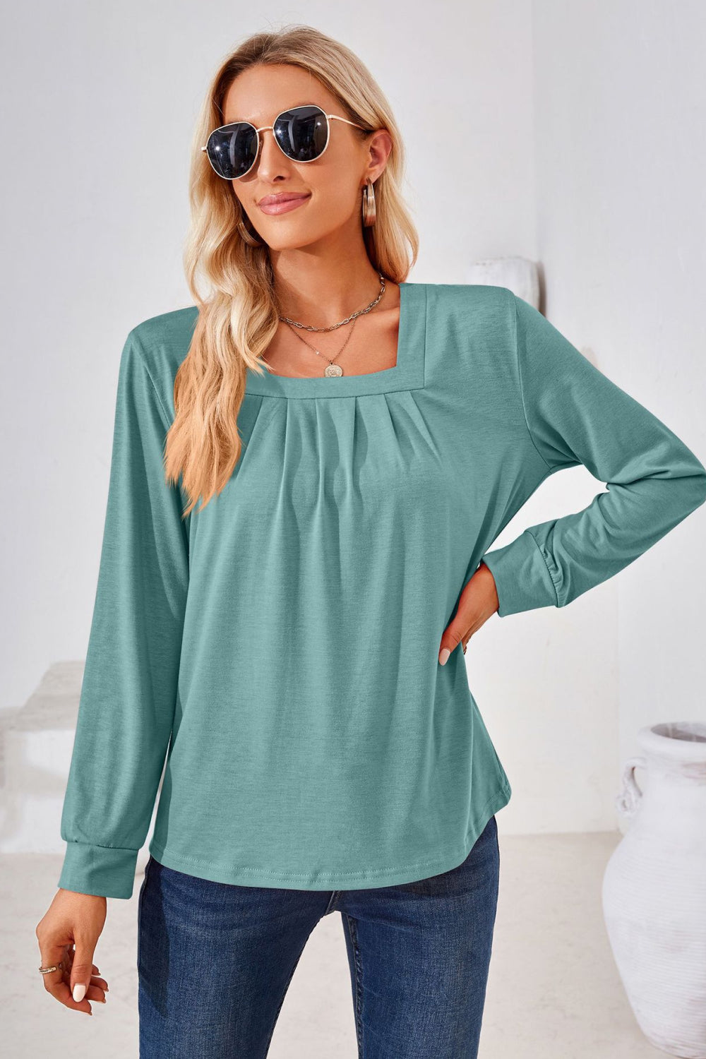 Square Neck Ruched Long Sleeve Blouse long sleeve design