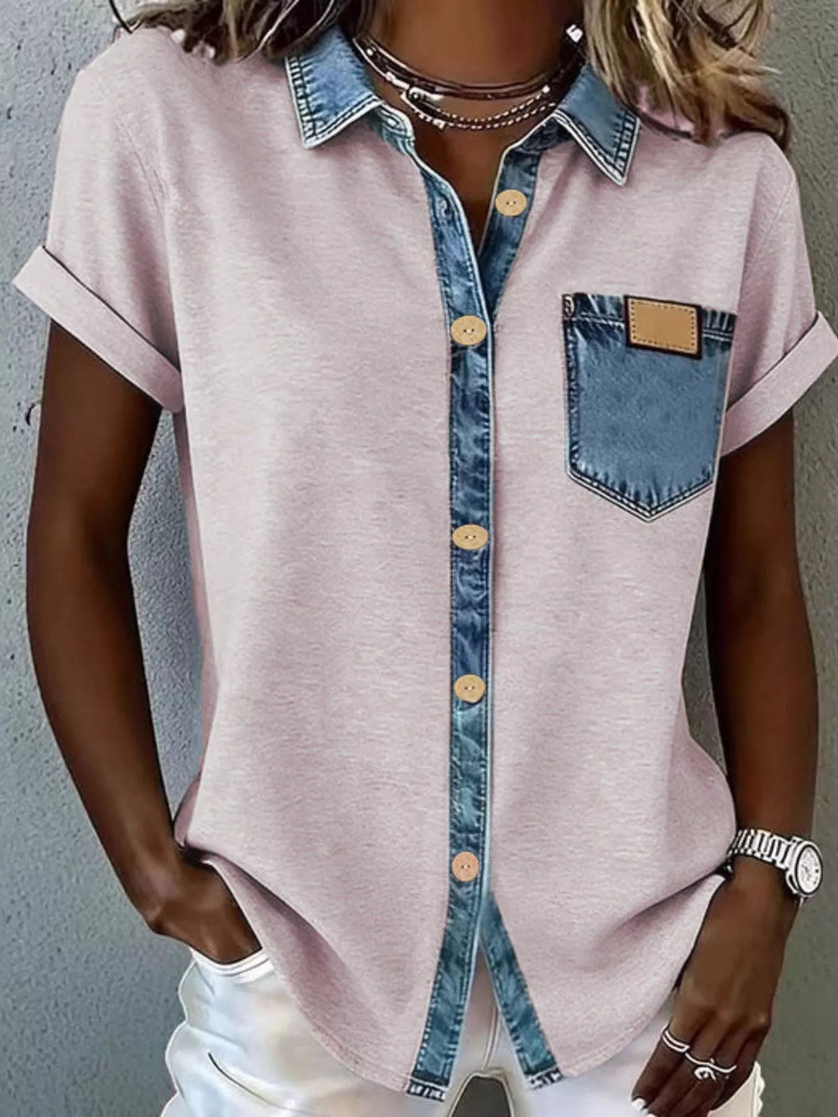 Denim Trim Short Sleeve Shirt buttoned front