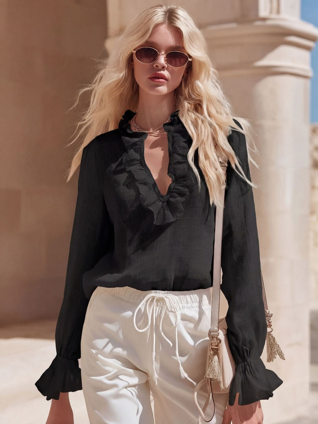 V Neck Linen Blouse ruffle detail