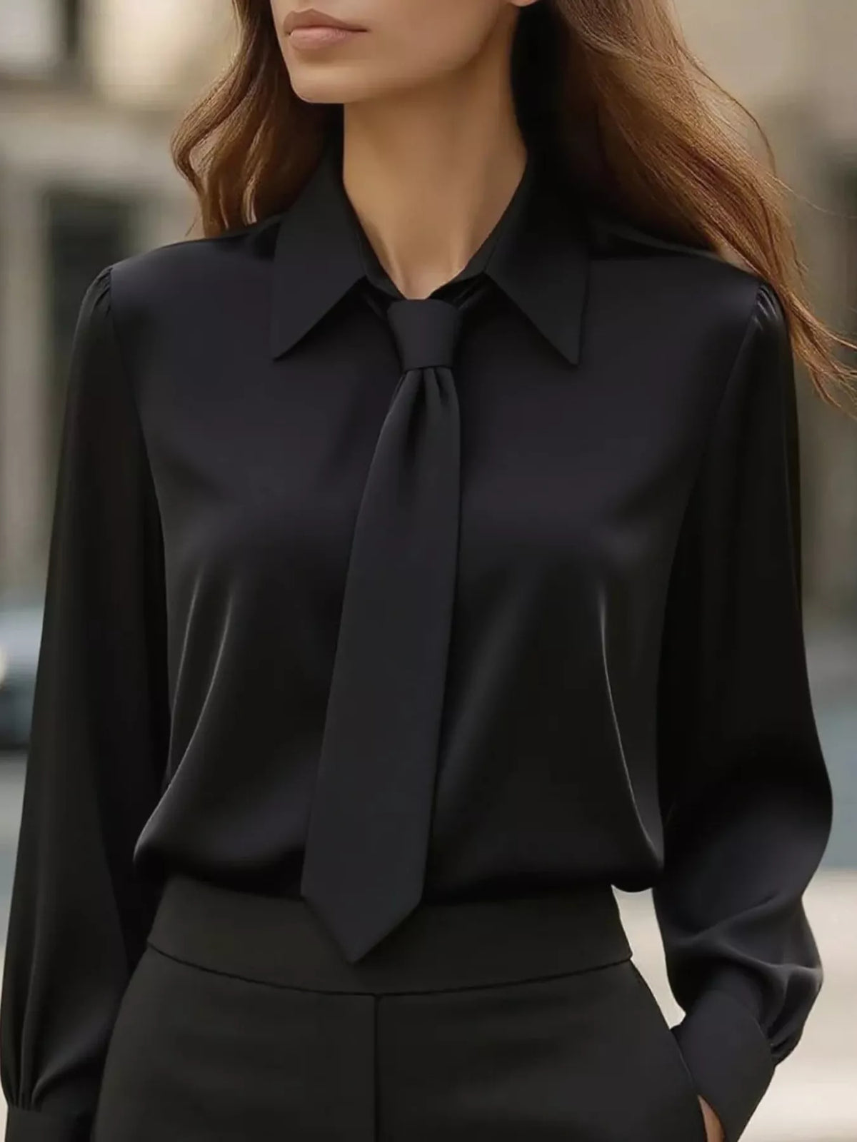 Chic Tie-Neck Blouse in beige with a stylish collar and tie detail, perfect for elegant women&