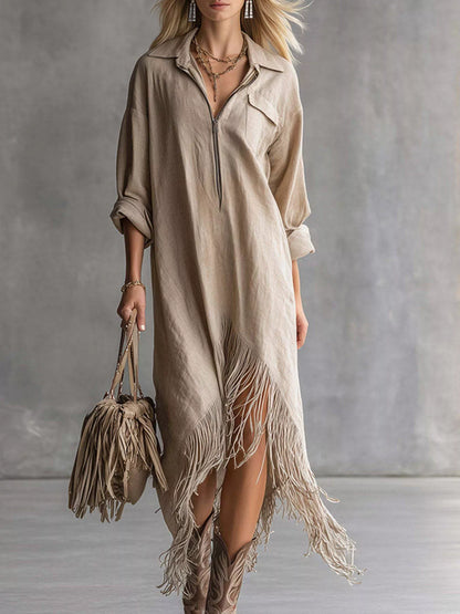 Fringe Hem Zip-Up Shirt Dress women&