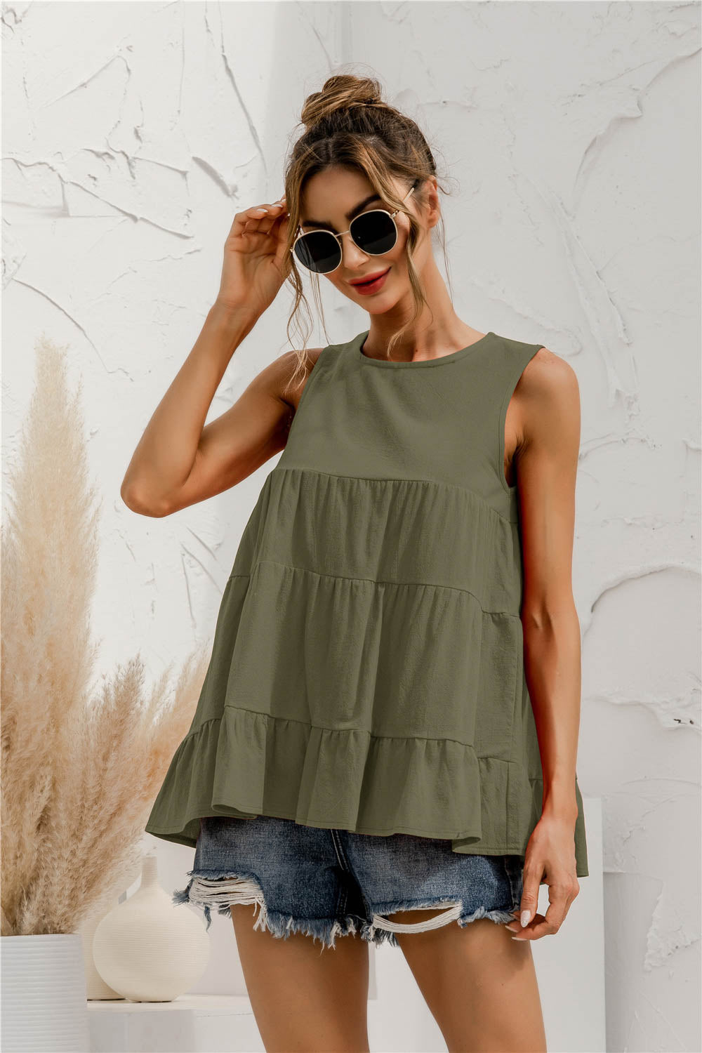 Round Neck Tiered Tank Top round neckline
