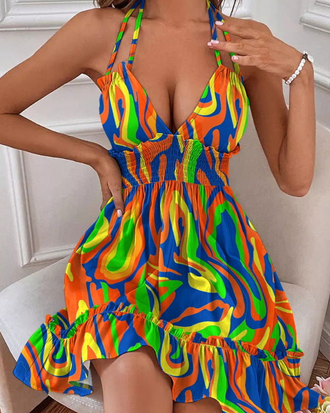 Deep V-Rope Camisole Dress in various colors and styles displayed on models, showcasing chic beach style.