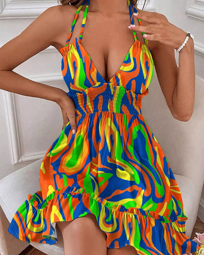 Deep V-Rope Camisole Dress in various colors and styles displayed on models, showcasing chic beach style.