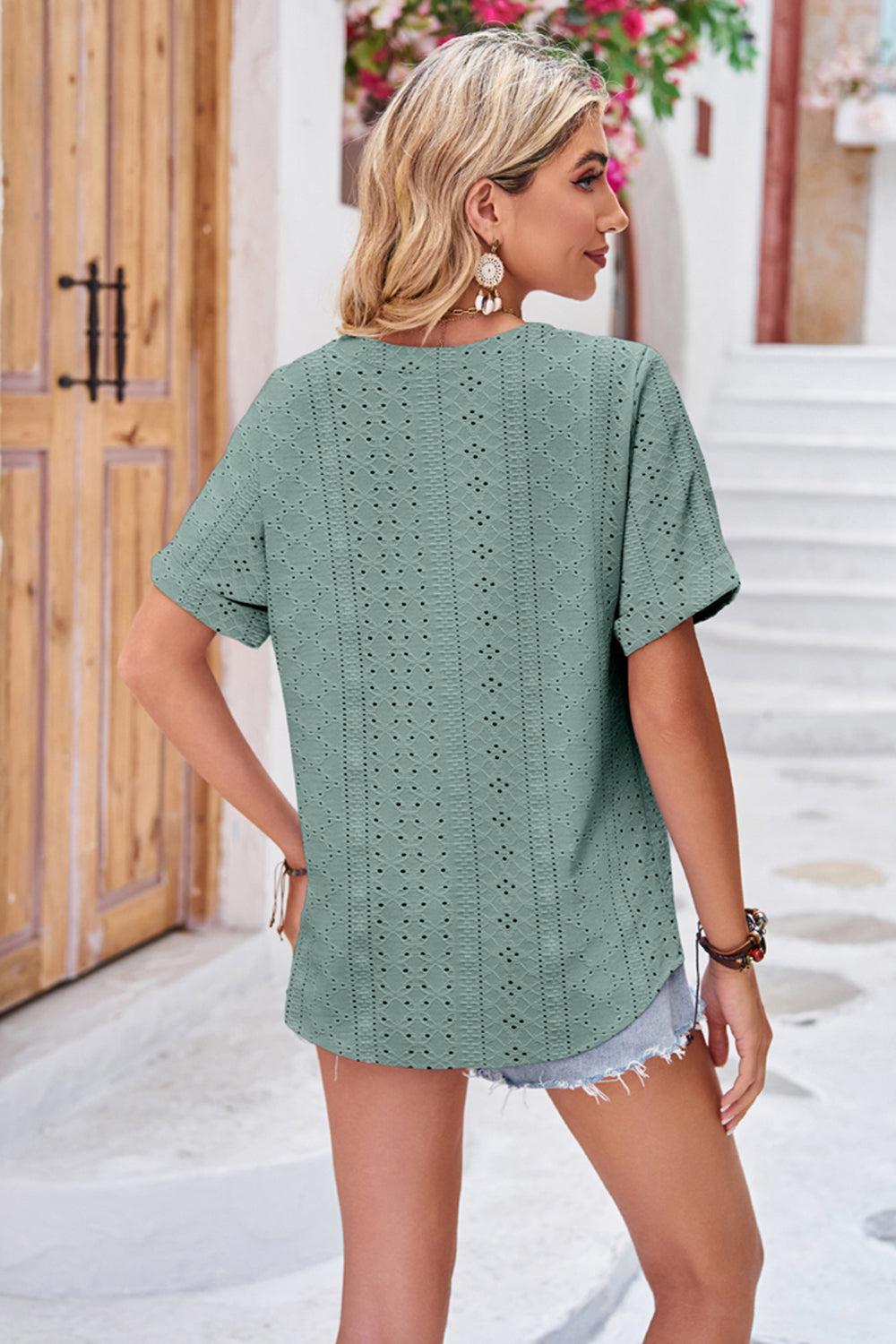 Buttoned Notched Neck Eyelet Top notched neckline