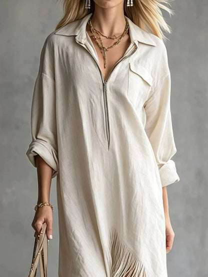 Fringe Hem Zip-Up Shirt Dress women&