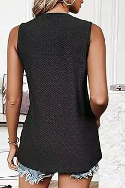 Back view of a stylish Eyelet Round Neck Tank sleeveless top, perfect for casual or dressy occasions.