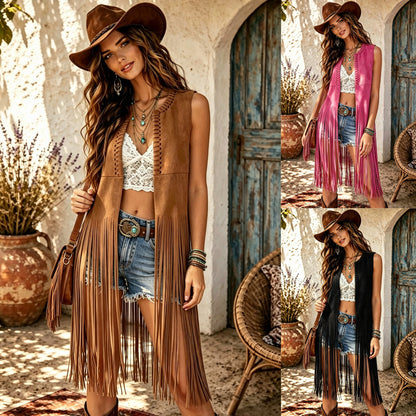 Woman wearing a Vintage Tassel Vest Cardigan in pink, styled with denim shorts and accessories, posing outdoors.