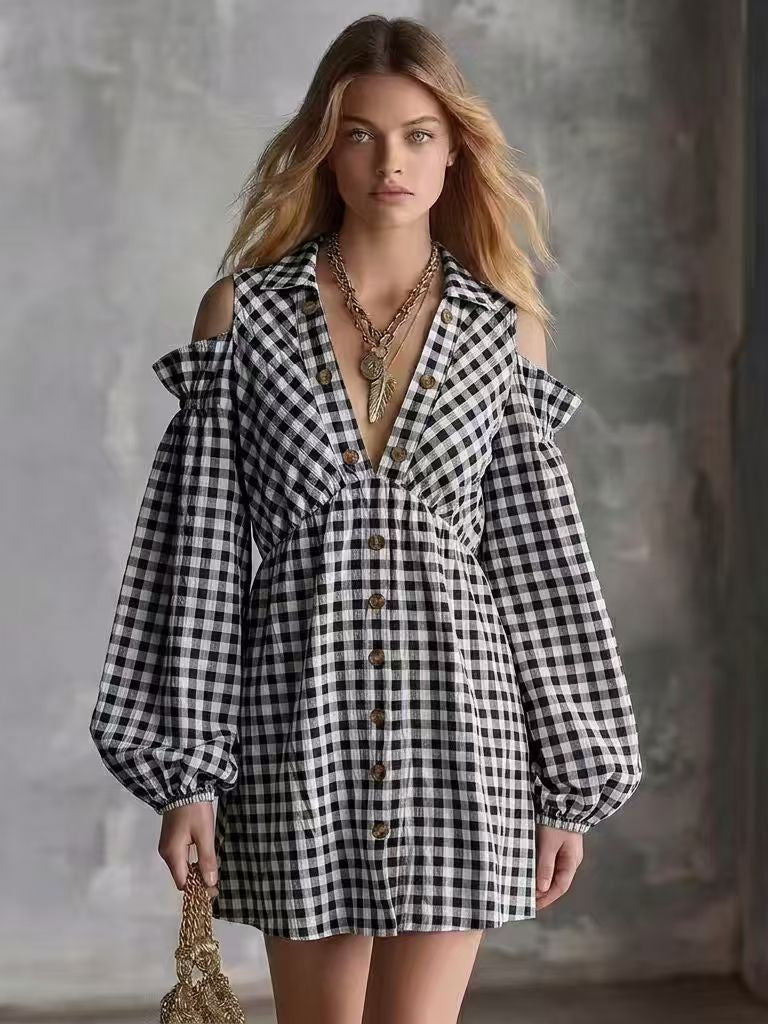 Casual Checkered Off-the-Shoulder Dress checkered pattern