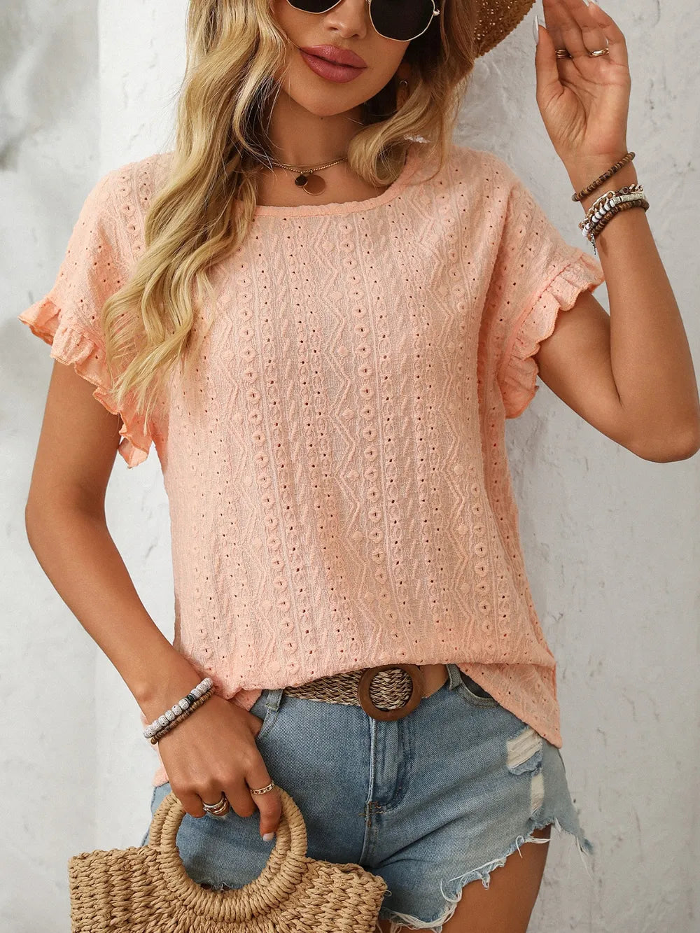 Mandy Eyelet Round Neck Top frill accent