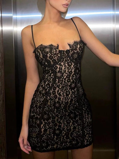 Lace spaghetti strap mini dress lace detail