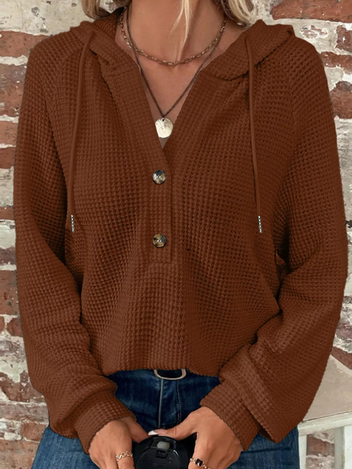 Casual Waffle Knit Hoodie waffle knit texture