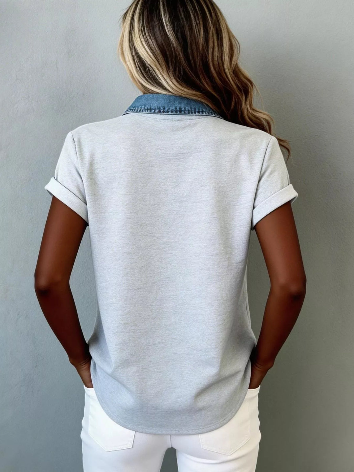 Denim Trim Short Sleeve Shirt buttoned front