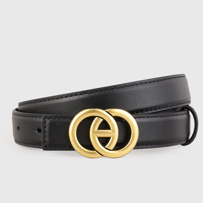 Double Circle Buckle Leather Belt showcasing a stylish cowhide design with a gold buckle.
