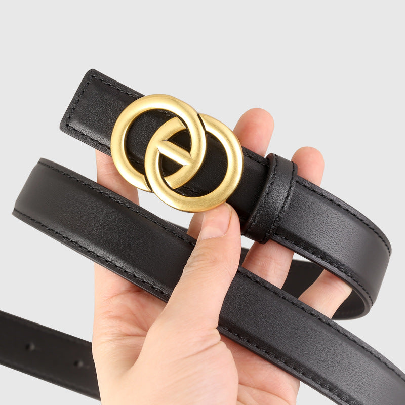 Double Circle Buckle Leather Belt showcasing a stylish cowhide design with a gold buckle.
