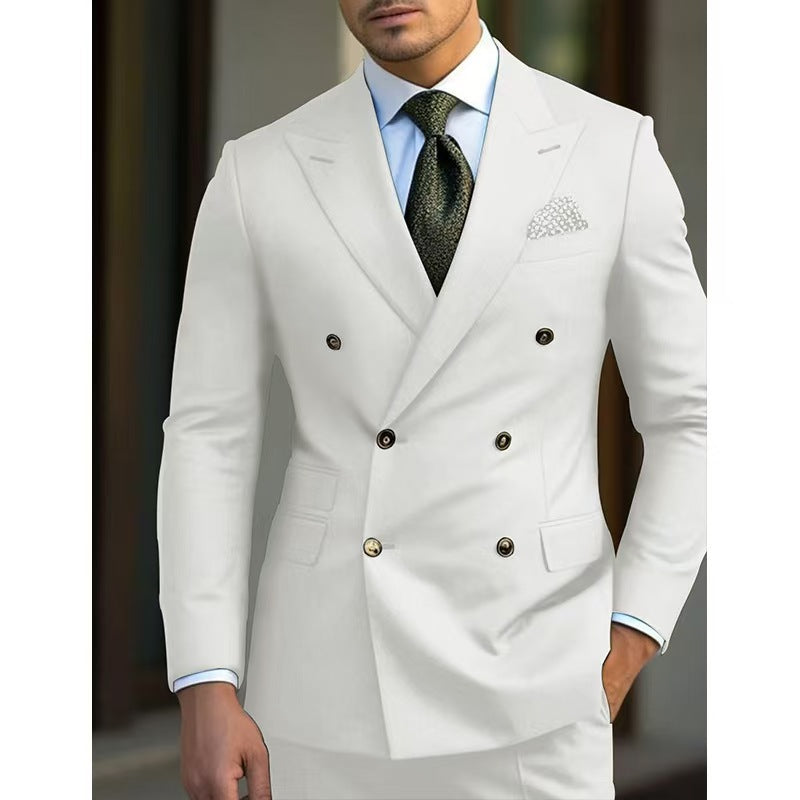 Mens suit set in white, featuring a double-breasted design and stylish accessories, perfect for casual business attire.
