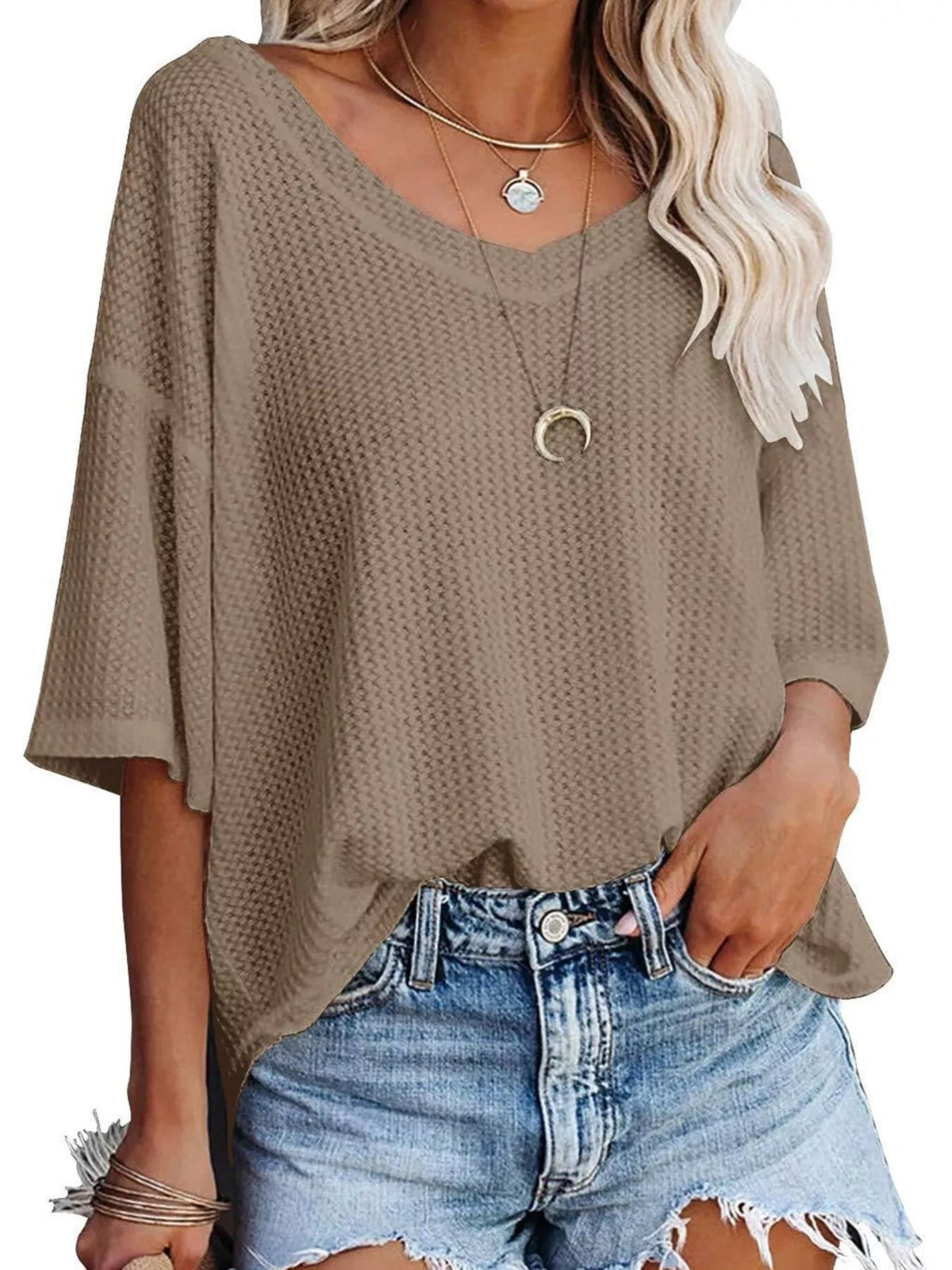 Waffle knit v-neck t-shirt casual outfit