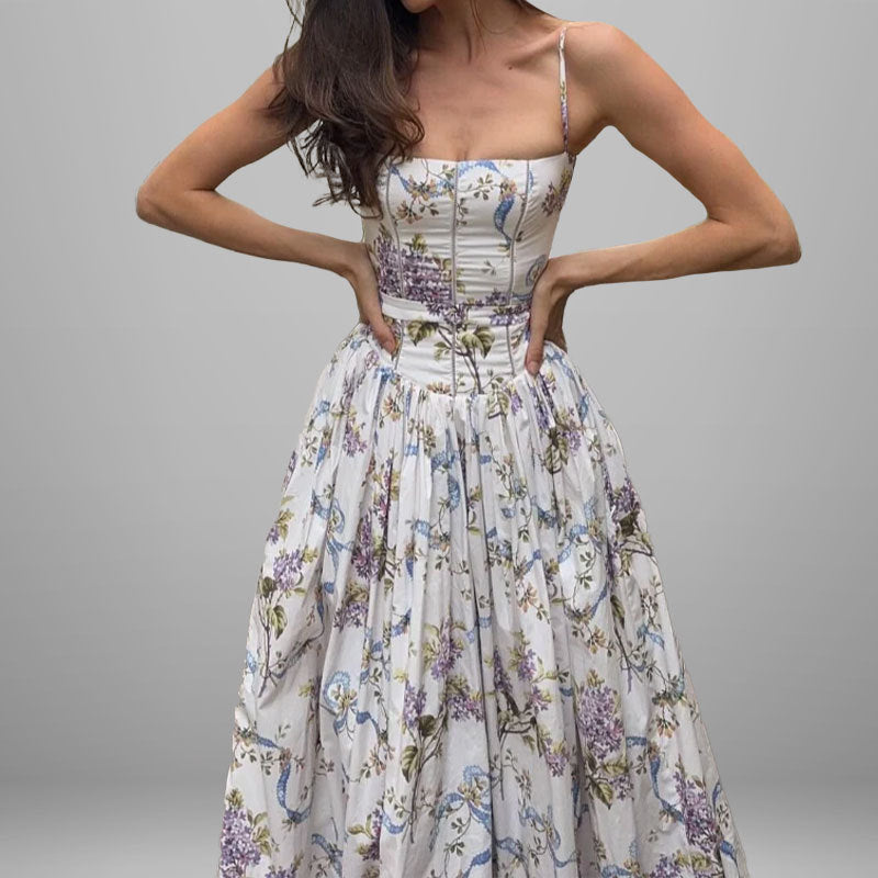 Elegant Summer Flared Strap Dress – Floral Style showcasing flared design and stunning floral patterns for summer elegance.