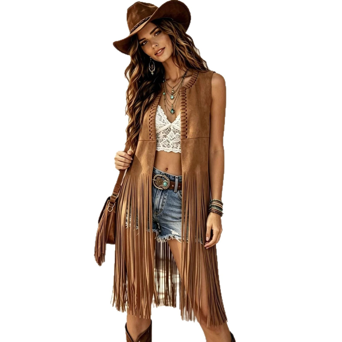 Woman wearing a Vintage Tassel Vest Cardigan in pink, styled with denim shorts and accessories, posing outdoors.