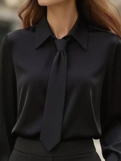 Chic Tie-Neck Blouse in beige with a stylish collar and tie detail, perfect for elegant women&
