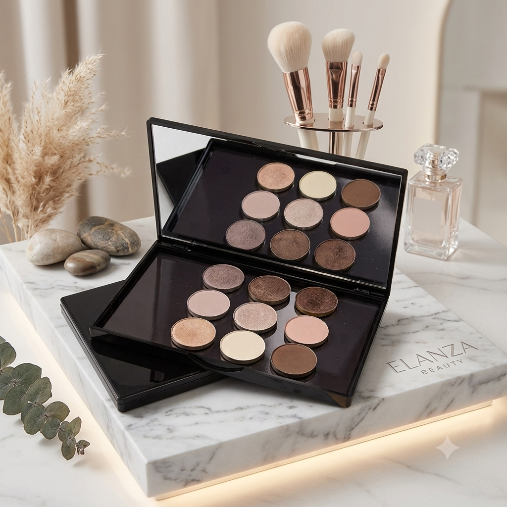 Magnetic makeup palette box with twelve eyeshadows, organized and ready for use on a stylish marble surface.